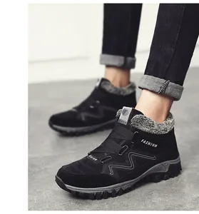 Detail view of men's black winter outdoor shoes with warm plush lining and fashion text