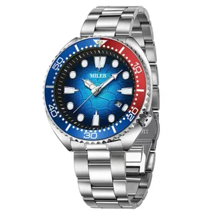 Men's business quartz watch with blue honeycomb dial and red-blue rotating bezel detail