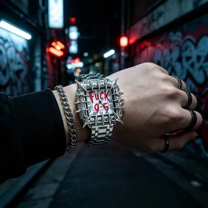 Silver thorn spiked square quartz watch with red FUCK 9-5 graffiti dial art detail