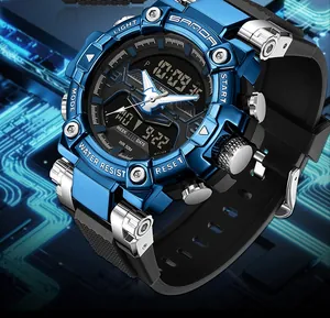 Close-up of Sanda blue multifunctional digital sports watch for men with waterproof features