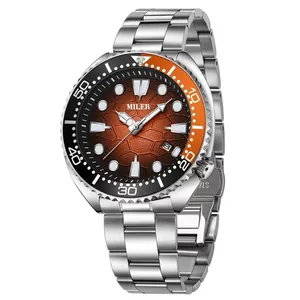 Detail view of MILER men's quartz watch featuring a brown honeycomb dial and orange bezel