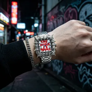 Fashionable square quartz watch with unique silver thorn bezel and red graffiti text