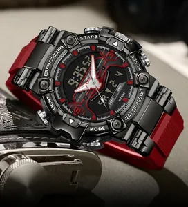 Detail showing the rugged black and red dual display SAMDA men's sport watch