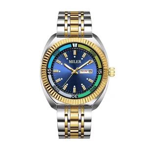 Orologio al quarzo da uomo con cinturino in acciaio bicolore, quadrante blu e calendario
