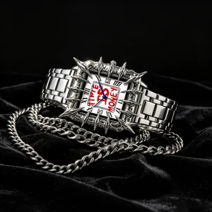 Close-up of retro square quartz watch with thorns bezel and silver chain on velvet