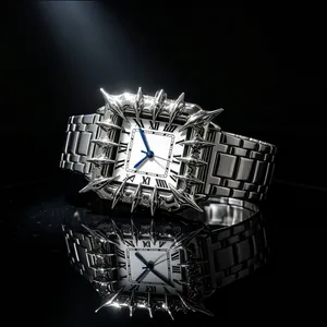 Macro view of silver square quartz watch featuring unique thorn bezel and blue hands