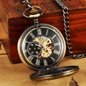Montre à gousset mécanique en bronze antique avec couvercle en étoile évidé et chaîne