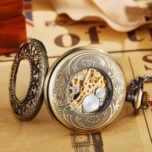 Montre à gousset squelette vintage en bronze avec gravure florale et mouvement visible