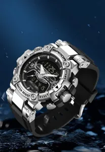 Close-up detail of shock-resistant SANDA sport watch with digital and analog display