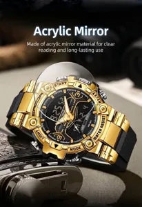 Detailed view of SANDA gold multifunctional sport watch with clear acrylic crystal lens.