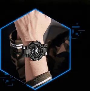 Close-up of multifunctional sports digital watch with luminous display on wrist