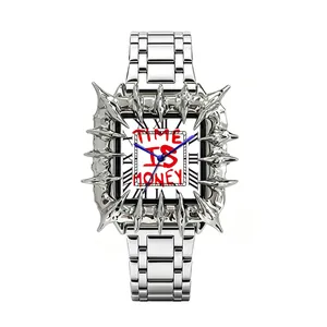 Vintage punk style square thorn quartz watch with Time is Money dial and metal strap