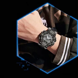 Macro detail of SANDA waterproof digital men's watch with cool black metallic case.