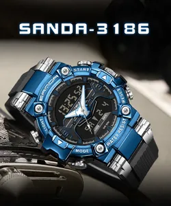 Detailed close-up view of SANDA 3186 blue metallic bezel multifunctional sports watch