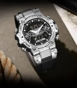 Close-up of SANDA rugged sports watch with dual analog-digital display and metal bezel.