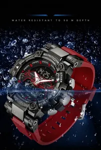 SANDA rugged waterproof digital watch for men with red strap and splash background