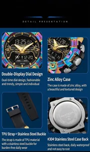 Detailed view of SANDA dual display sports watch with TPU strap and steel back