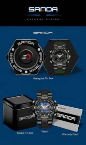 Detailed view of SAMDA sport watch with hexagonal and square metal gift packaging boxes