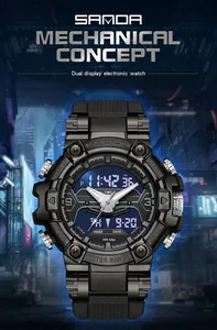 Close-up of Sanda multifunctional digital sports watch with a futuristic cyberpunk city backdrop