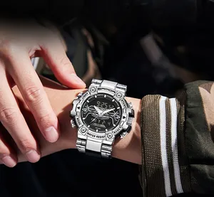 Macro view of Sanda men's sports watch with digital display and silver band