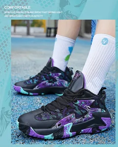 Close-up of stylish black and purple basketball shoes with athletic pattern detailing