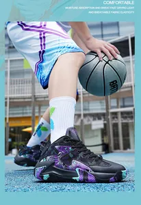 Professional close-up of stylish basketball shoes with purple patterns on a blue outdoor court