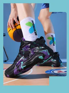 Detailed view of fashionable basketball shoes for men with purple and cyan graffiti