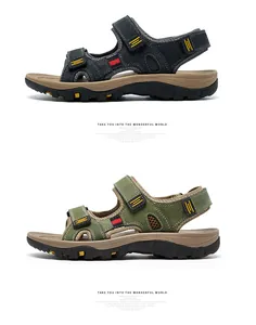 High-quality men's leather outdoor beach sandals in black and olive green colors
