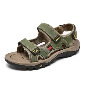 Men's green leather sports sandals with adjustable straps and non-slip sole for summer