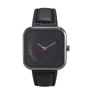 Reloj de cuarzo minimalista con esfera cuadrada negra y correa de cuero negro cosida