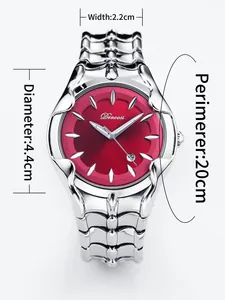 Detailed view of Y2K style men's luxury watch with red dial and silver metal strap