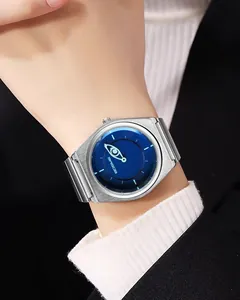 Detail view of unisex quartz watch with blue Eye of Providence dial and silver band.