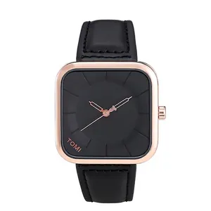 Vista detallada del reloj de cuarzo cuadrado TOMI con correa de cuero negro elegante