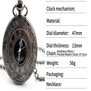 Detail view of a vintage Roman numeral quartz pocket watch with technical specifications