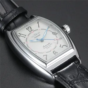 Close-up of WINNER men's tonneau-shaped automatic mechanical watch with leather strap