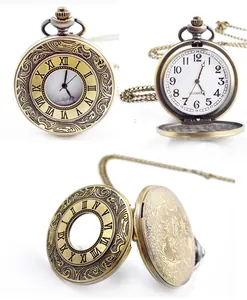 Vintage bronze quartz pocket watch with Roman numeral hollow cover and matching chain