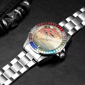 Winner automatic mechanical watch with rainbow crystal bezel and gradient colored dial