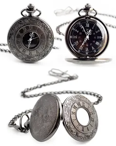 Vintage hollow quartz pocket watch with Roman numerals and gunmetal chain detail.