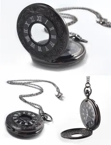 Detailed multi-angle views of vintage black Roman numeral hollow quartz pocket watch