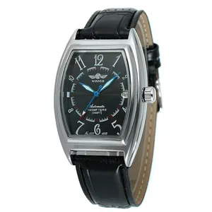 WINNER men's stylish tonneau-shaped automatic mechanical watch with black leather strap