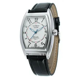 Detailed view of Winner men's tonneau automatic mechanical watch with leather strap