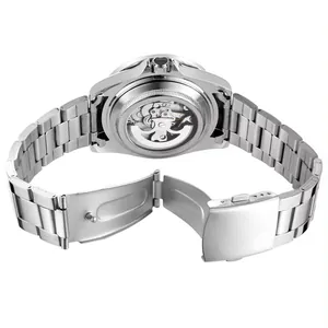 Detailed view of Winner men's automatic mechanical watch with transparent case back