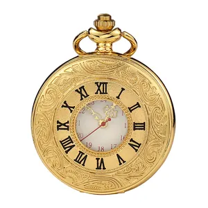 Vintage gold quartz pocket watch for men and women with Roman numerals and floral engraving
