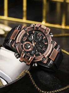 Macro detail of men's sports watch featuring a bronze metal case and dual display