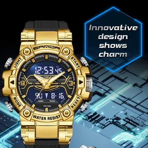 Detailed macro shot of a gold SAMDA multifunction sports watch on a tech background