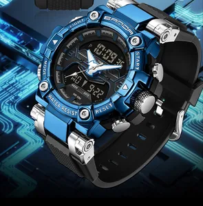 Detail view of SAMDA blue multifunctional sports watch for men with digital display