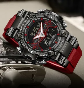 Detailed view of SAMDA red and black sports watch with dual digital analog display