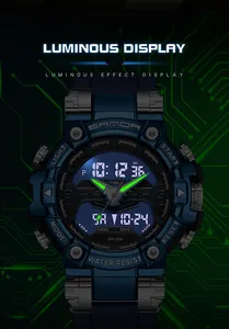 Close-up of Sanda luminous electronic watch with green glowing hands