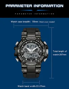 Detailed dimensions of SANDA waterproof digital sports watch for men with parameter info.