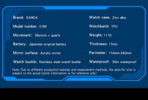 Detailed technical specifications and parameters for Sanda 3186 waterproof digital watch